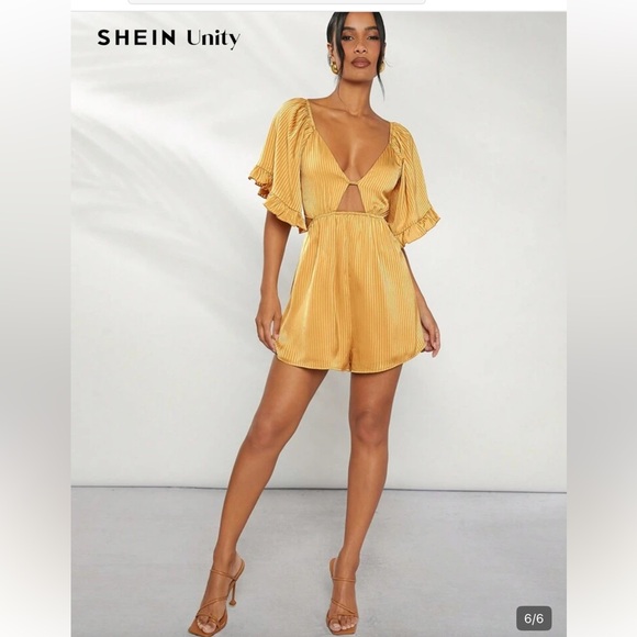 SHEIN Unity Satin Plunge Neck Romper With Ruffle Sleeves size M - Picture 2 of 5